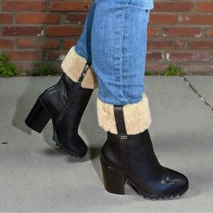 PAIGE Women’s Black Leather Whitney Shearling Mid Calf Heeled Boots NWOT